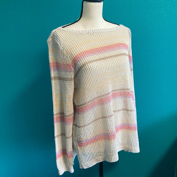 Chico’s Women's Cream Stripe Open Knit Long Sleeve Sweater - Picture 2 of 9